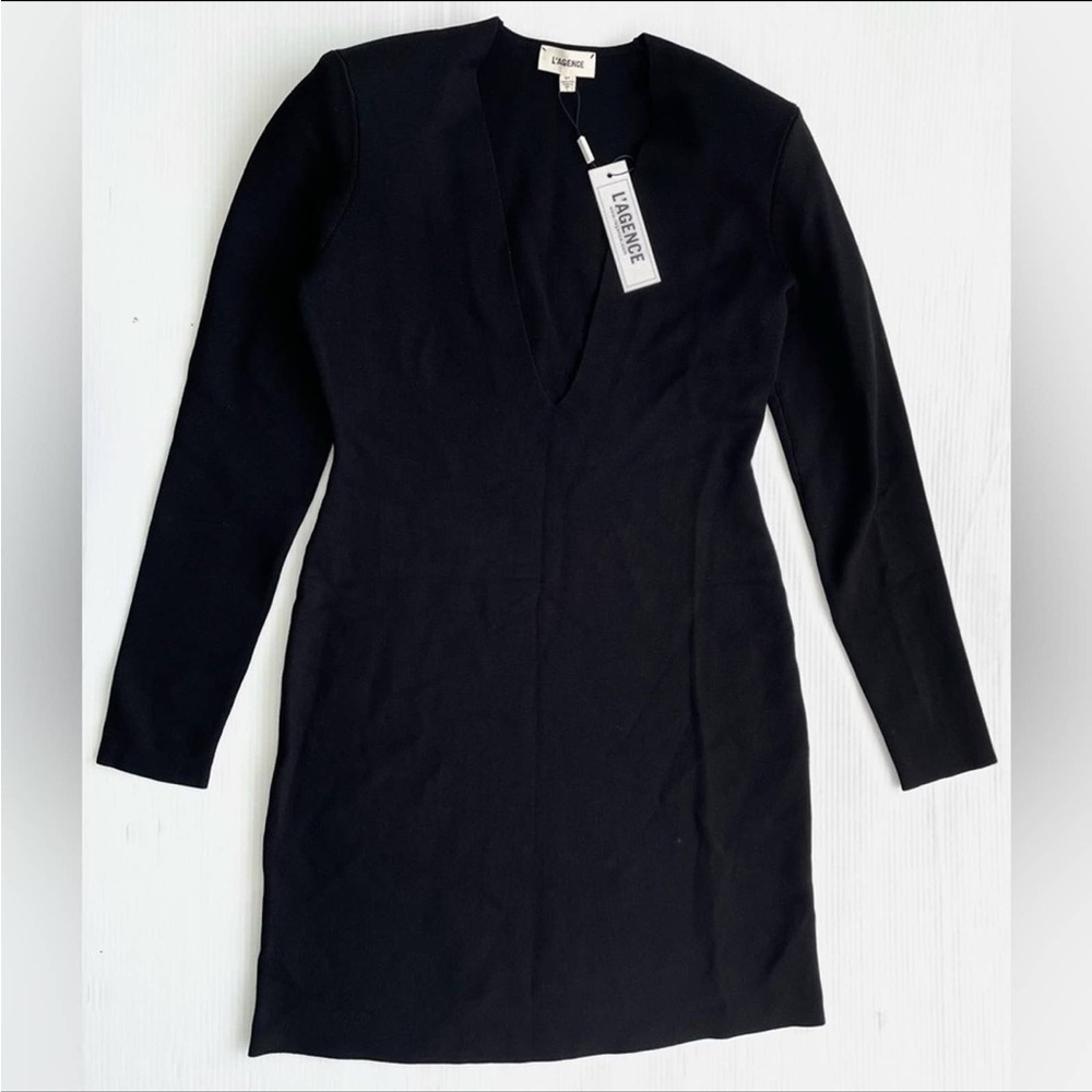 NWT L’AGENCE Knit Deep V-Neck Dress Black Mini Small